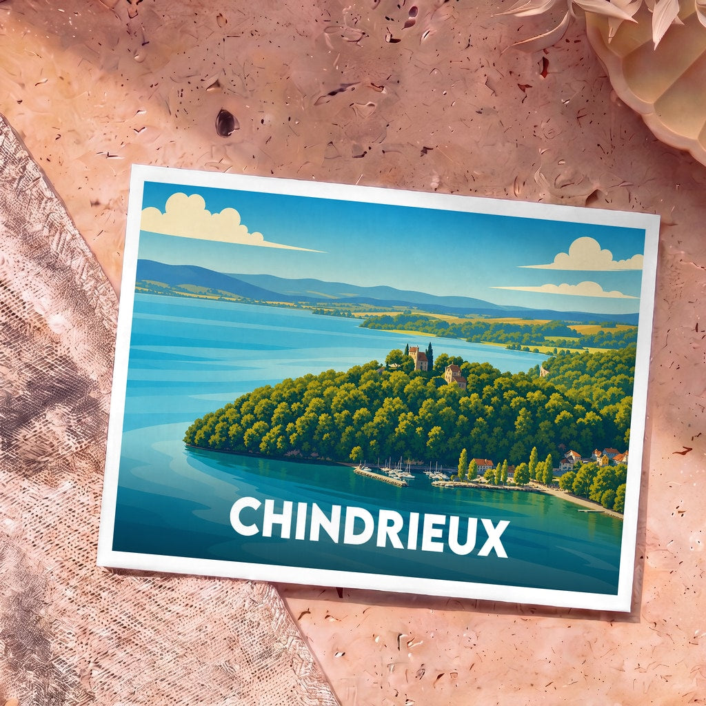 Carte postale souvenir de la ville de Chindrieux avec une illustration stylisée du lac du Bourget.