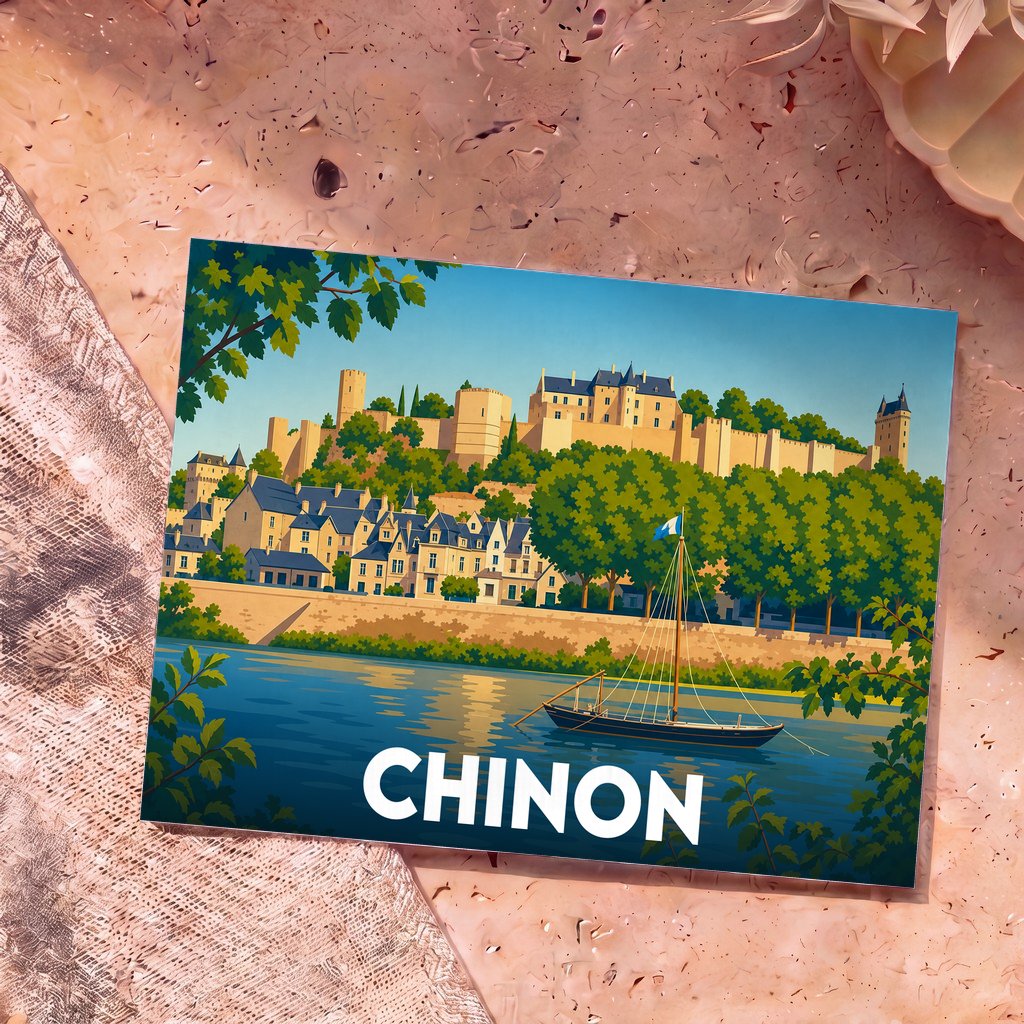 Carte postale souvenir de la ville de Chinon avec une illustration stylisée du château et de la rivière.