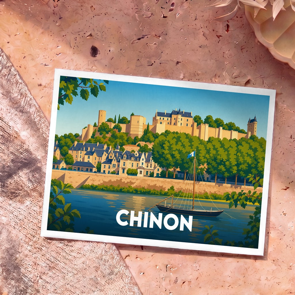 Carte postale souvenir de la ville de Chinon avec une illustration stylisée du château et de la rivière.