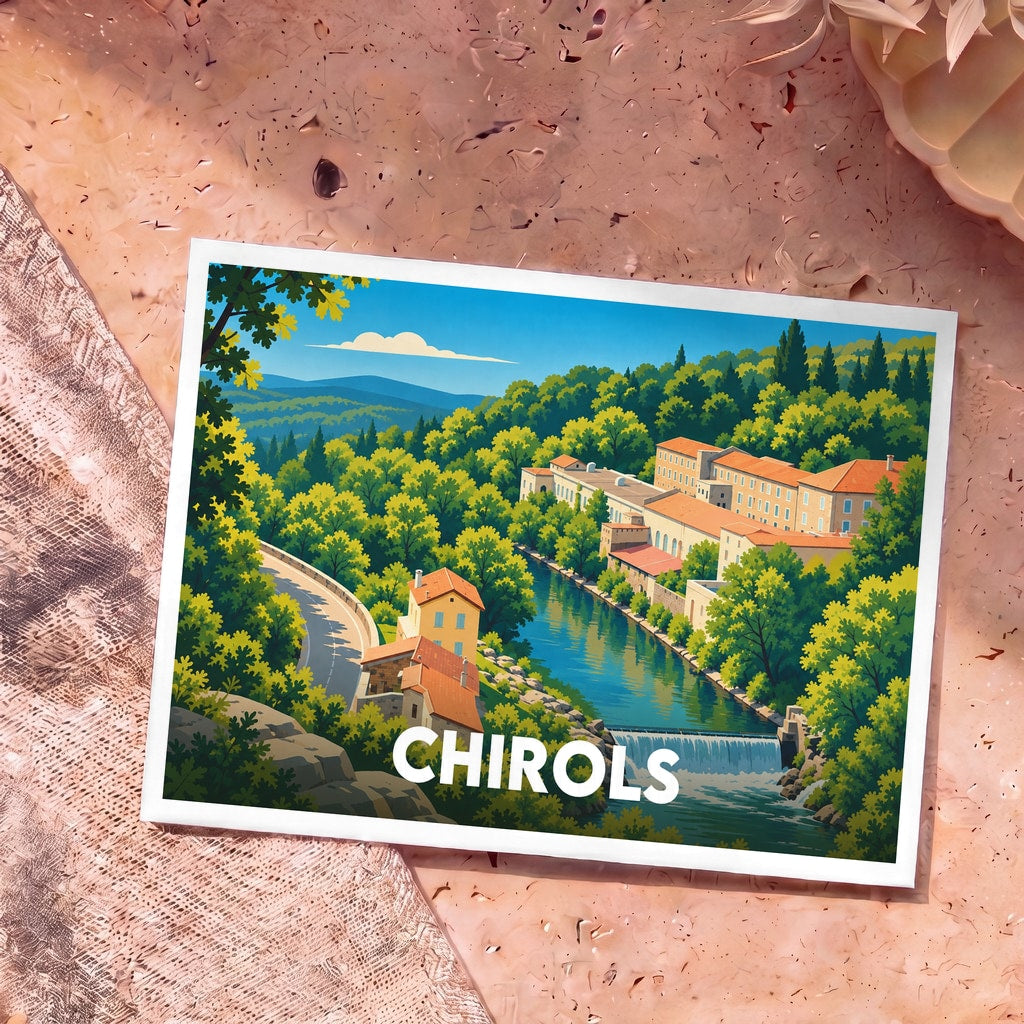 Carte postale souvenir de la ville de Chirols avec une illustration stylisée d'un paysage de rivière et de montagne.