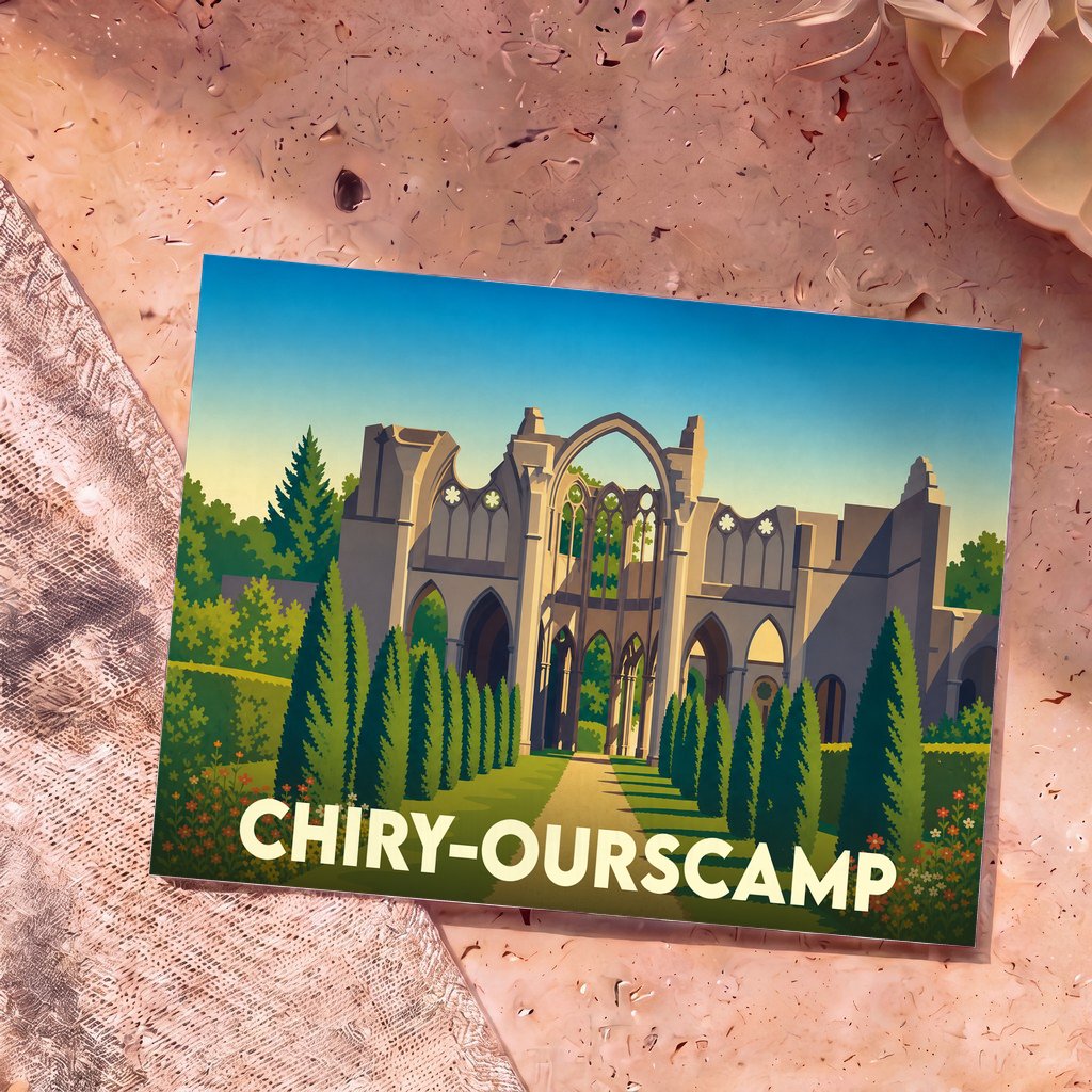 Carte postale souvenir de la ville de Chiry-Ourscamp illustrant les ruines de son abbaye dans un style graphique épuré.