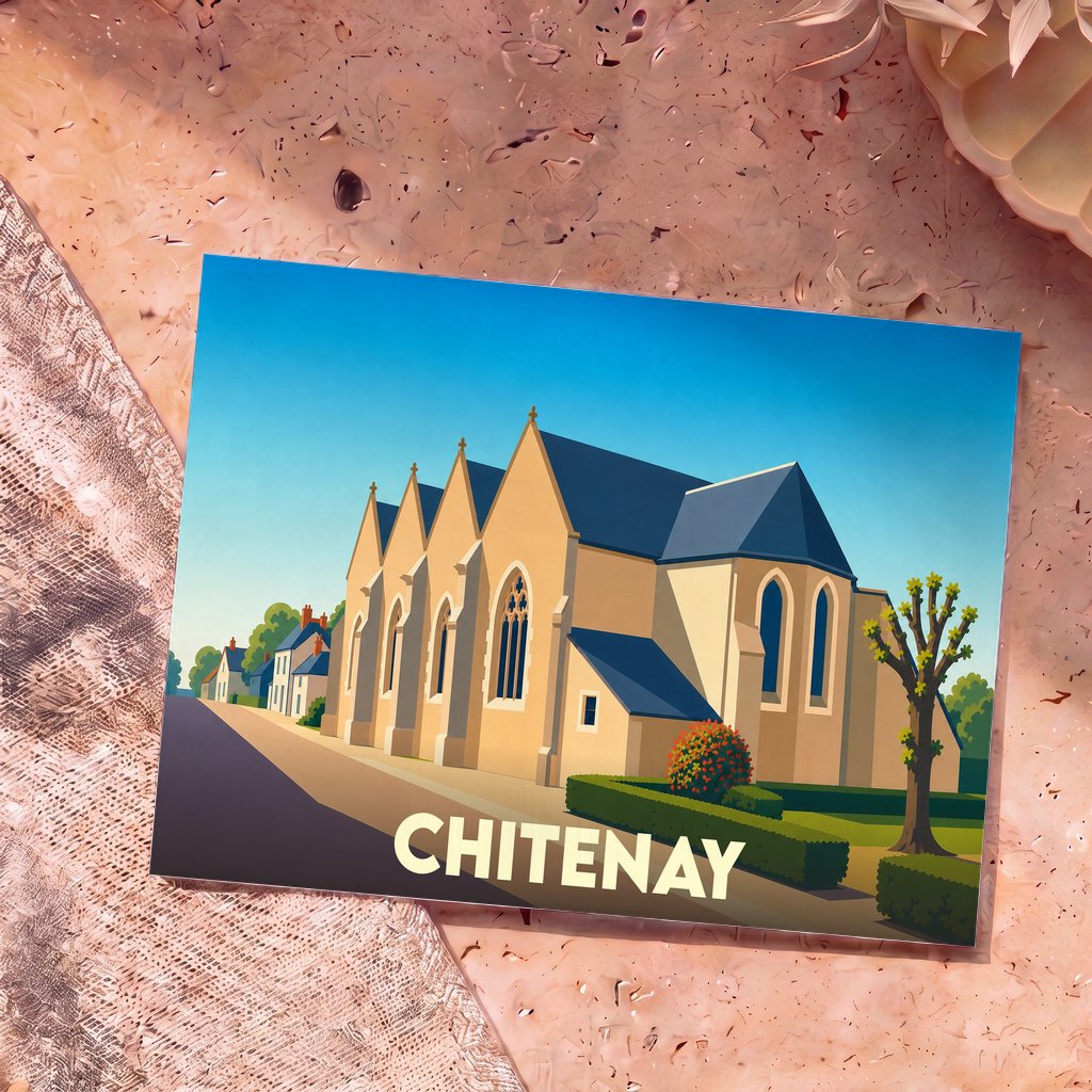 Carte postale souvenir de la ville de Chitenay illustrant son église dans un style graphique épuré.