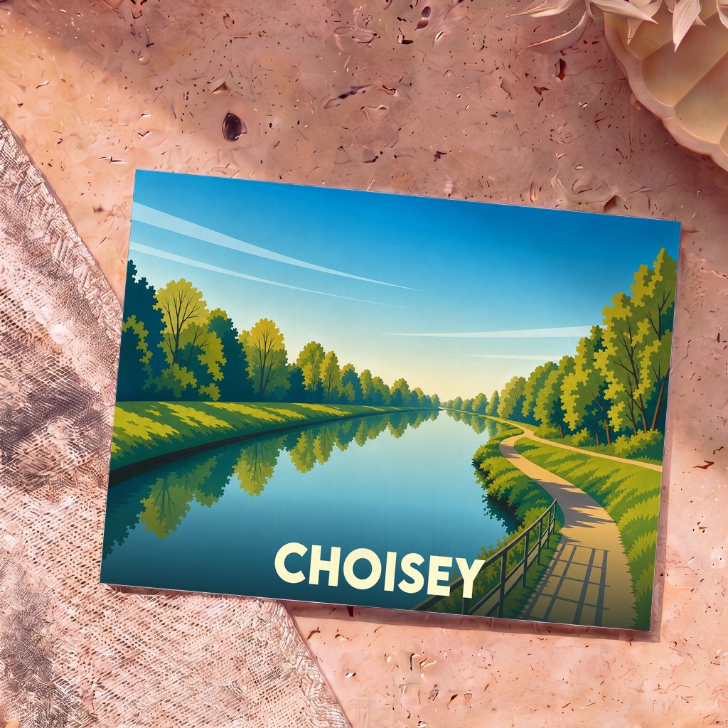 Carte postale souvenir de la ville de Choisey représentant une illustration stylisée des bords de l'eau.