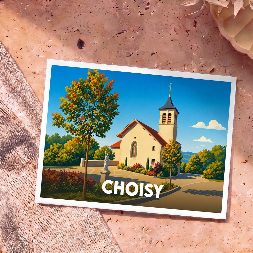 Carte postale souvenir de la ville de Choisy avec une illustration stylisée de son église et d'un arbre aux couleurs automnales.