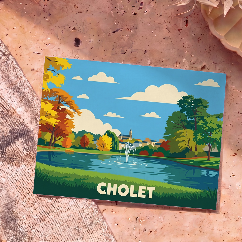 Carte postale souvenir de la ville de Cholet illustrant un parc arboré avec un étang et un jet d'eau dans un style graphique épuré.