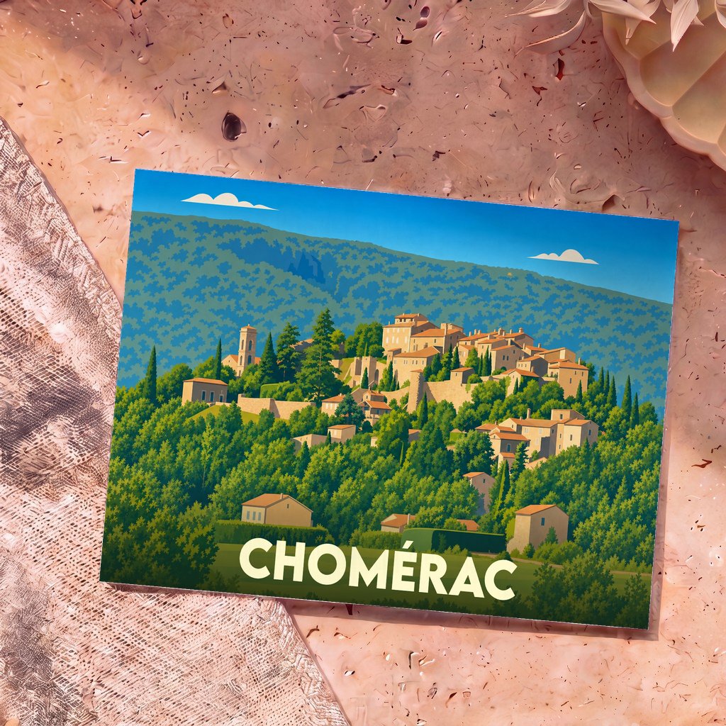 Carte postale souvenir de la ville de Chomérac présentant une illustration stylisée d'un village perché dans une forêt verdoyante.