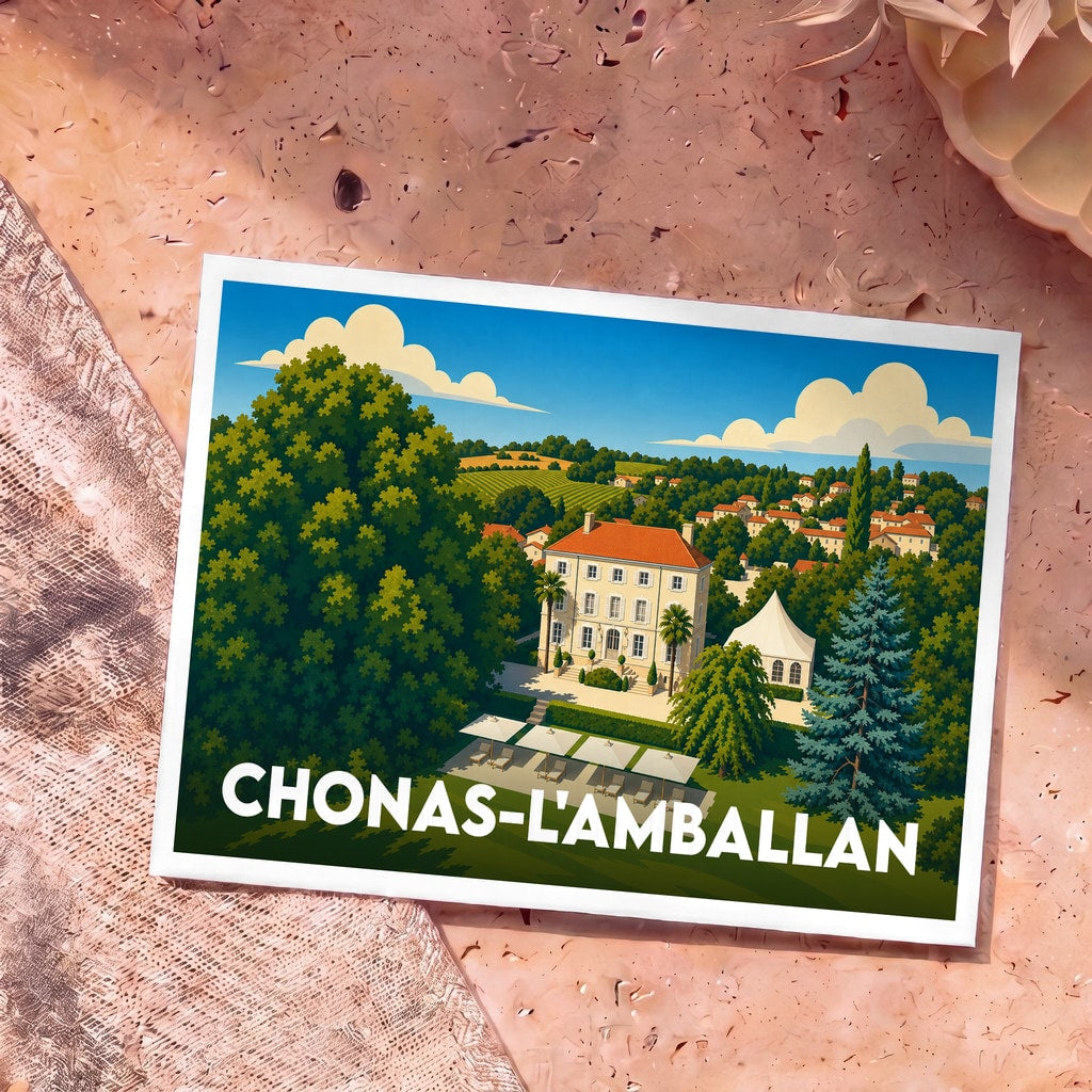 Carte postale souvenir de la ville de Chonas-l'Amballan illustrant un château entouré de verdure dans un style graphique épuré.