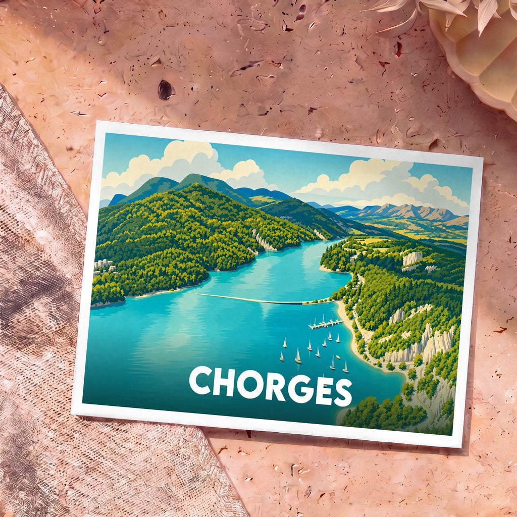 Carte postale souvenir de la ville de Chorges illustrant un lac de montagne aux eaux turquoise entouré de forêts verdoyantes.