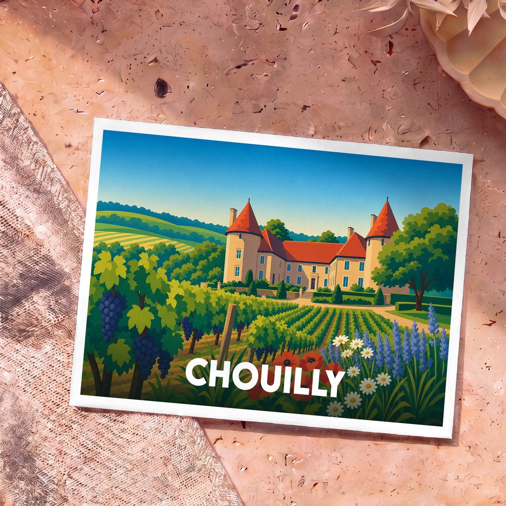 Carte postale souvenir de la ville de Chouilly illustrant un château et ses vignobles dans un style coloré et épuré.