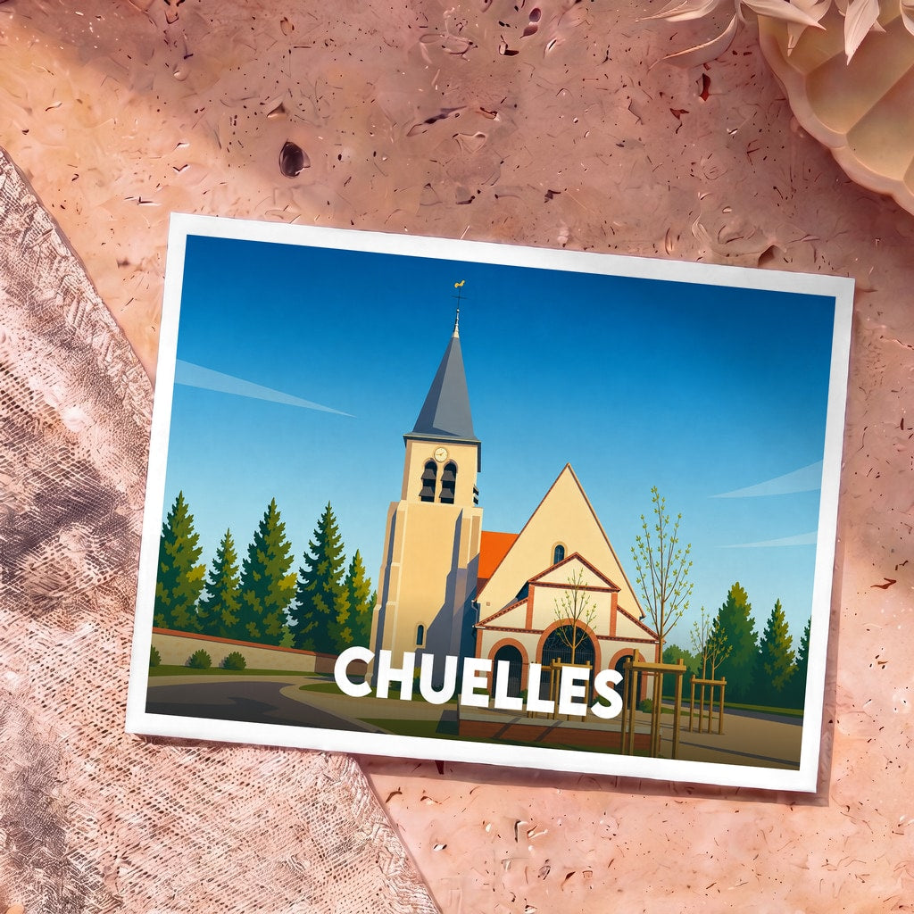 Carte postale souvenir de la ville de Chuelles avec une illustration stylisée de son église sous un ciel bleu.