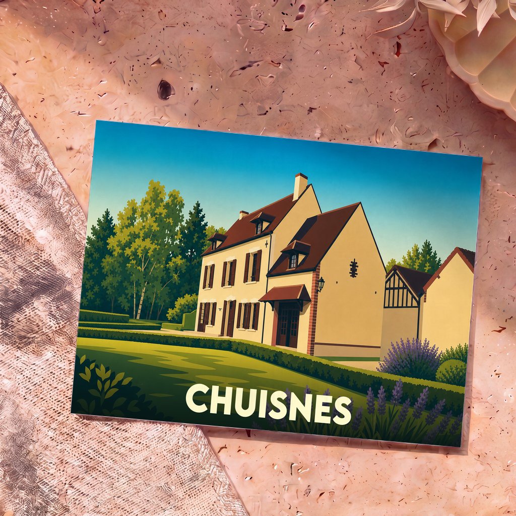 Carte postale souvenir de la ville de Chuisnes avec une illustration stylisée d'une maison de campagne.