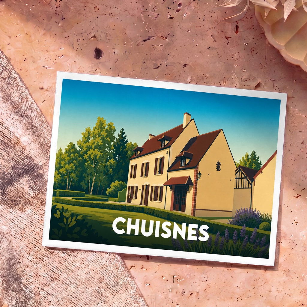 Carte postale souvenir de la ville de Chuisnes avec une illustration stylisée d'une maison de campagne.