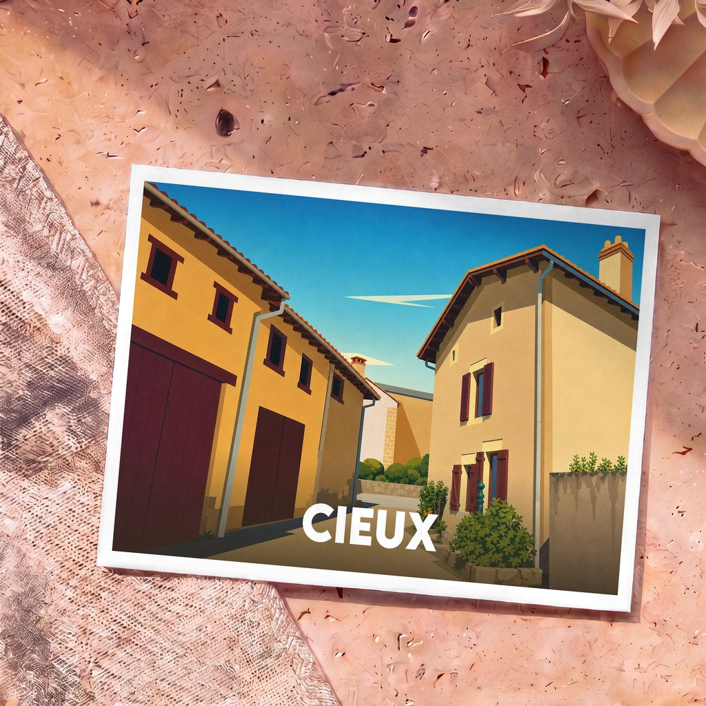 Carte postale souvenir de la ville de Cieux avec une illustration stylisée de bâtiments anciens sous un ciel bleu.