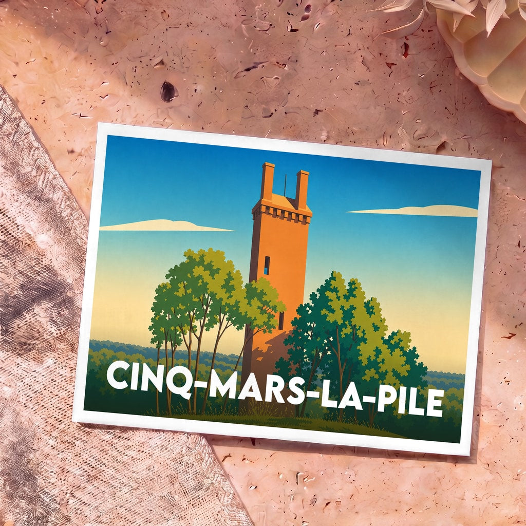 Carte postale souvenir de la ville de Cinq-Mars-la-Pile illustrant sa célèbre pile romaine et un paysage arboré dans un style épuré.