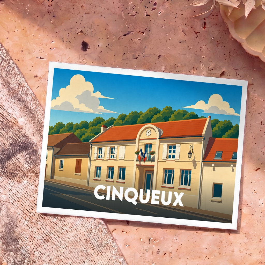 Carte postale souvenir de la ville de Cinqueux arborant une illustration stylisée de sa mairie sous un ciel azuré.