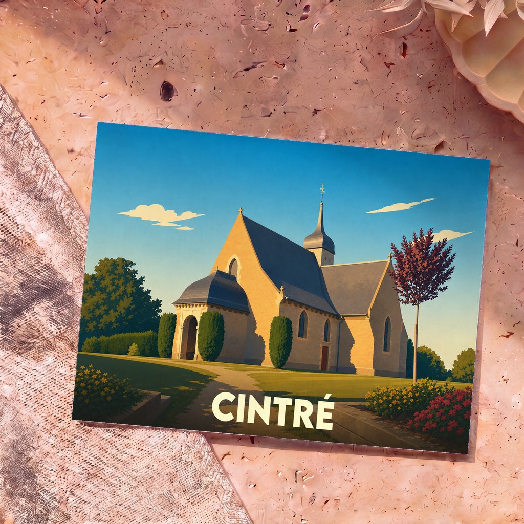 Carte postale souvenir de la ville de Cintré avec une illustration stylisée de son église sous un ciel bleu.