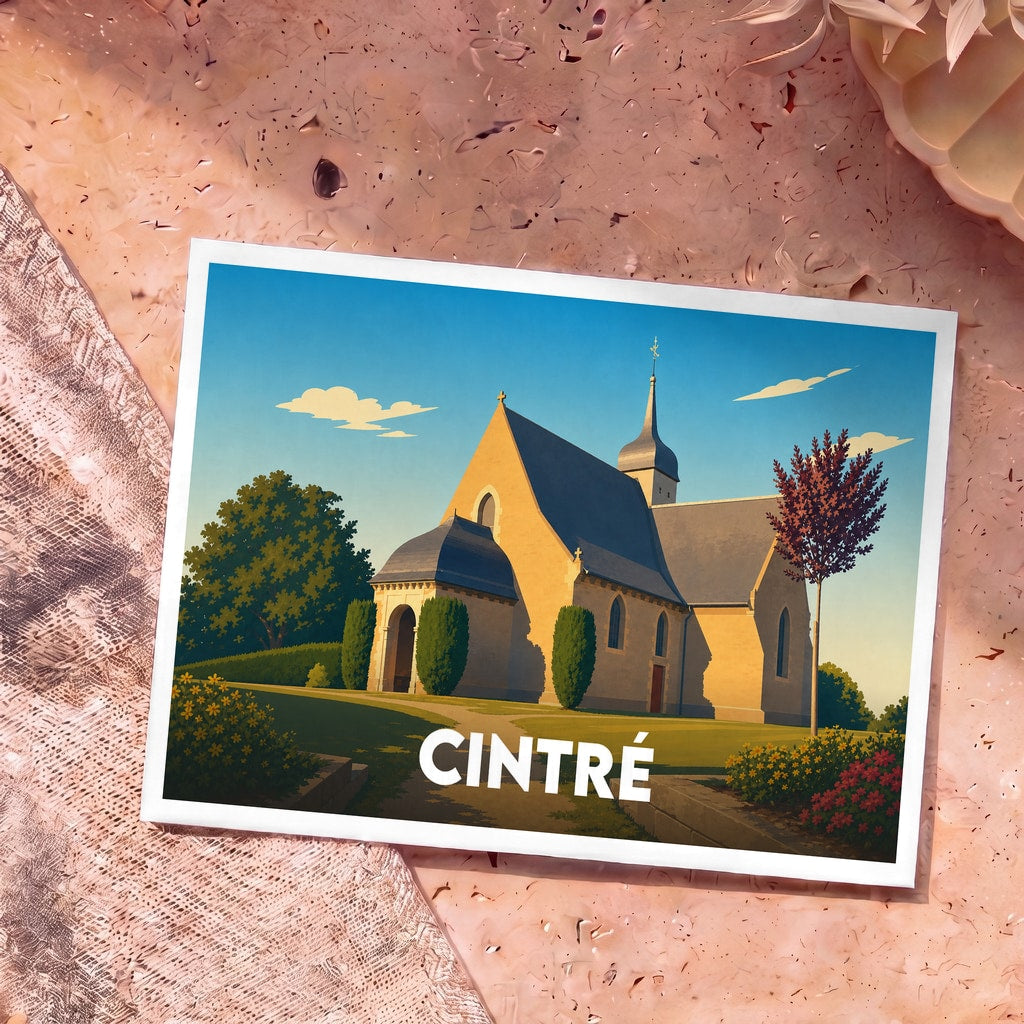 Carte postale souvenir de la ville de Cintré avec une illustration stylisée de son église sous un ciel bleu.