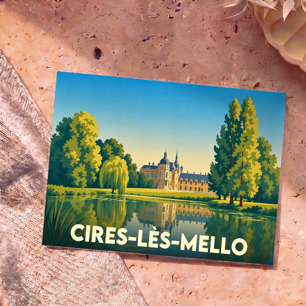 Carte postale souvenir de la ville de Cires-lès-Mello avec une illustration stylisée d'un château se reflétant dans l'eau.