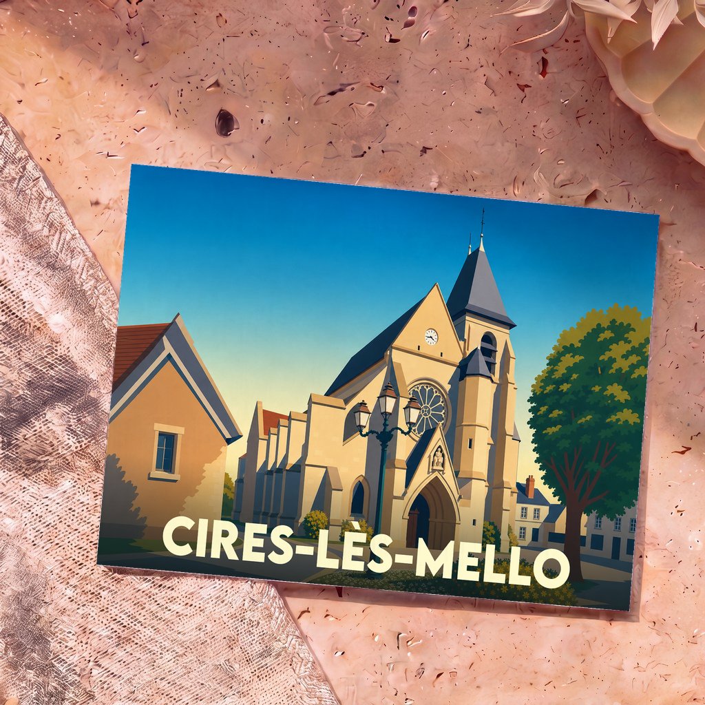 Carte postale souvenir de la ville de Cires-lès-Mello avec une illustration stylisée de son église.