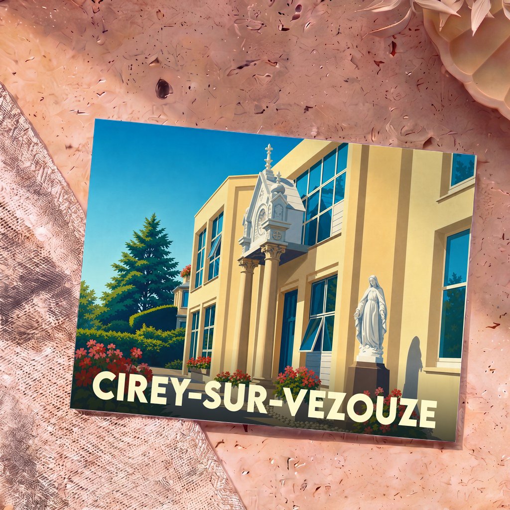Carte postale souvenir de la ville de Cirey-sur-Vezouze avec une illustration stylisée d'un bâtiment remarquable.