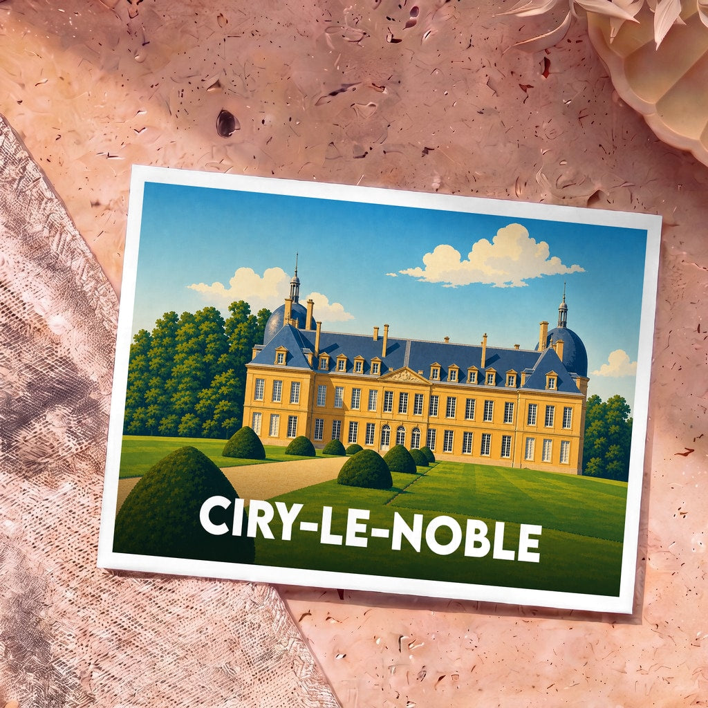 Carte postale souvenir de la ville de Ciry-le-Noble avec une illustration stylisée d'un château et de ses jardins.
