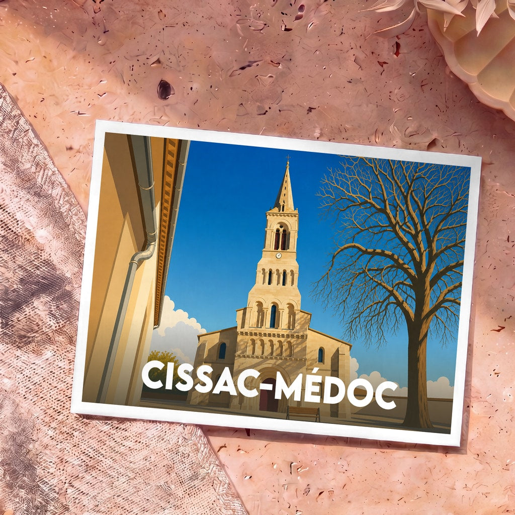 Carte postale souvenir de la ville de Cissac-Médoc avec une illustration stylisée de son église et d'un grand arbre.