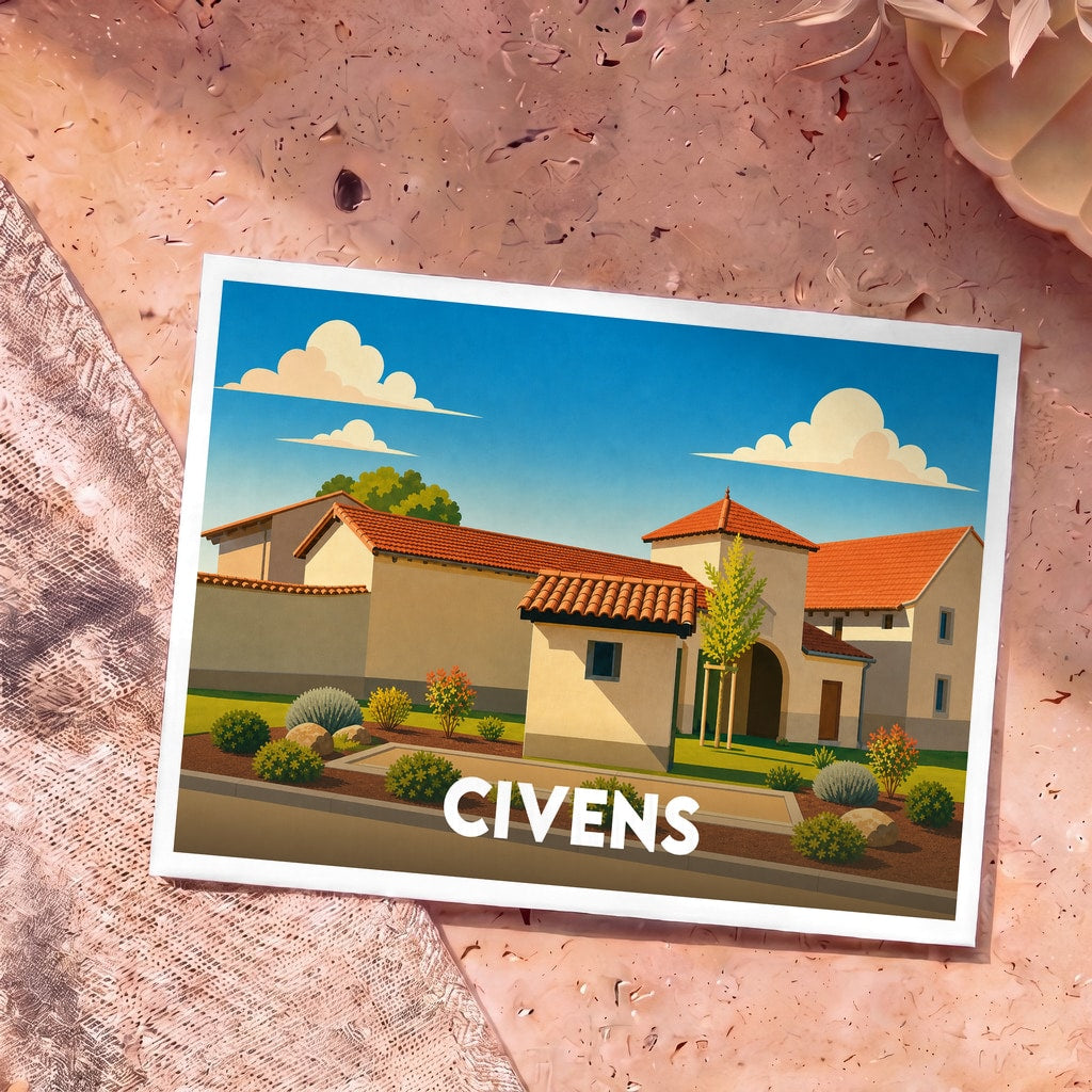 Carte postale souvenir de la ville de Civens avec une illustration stylisée de maisons provençales.