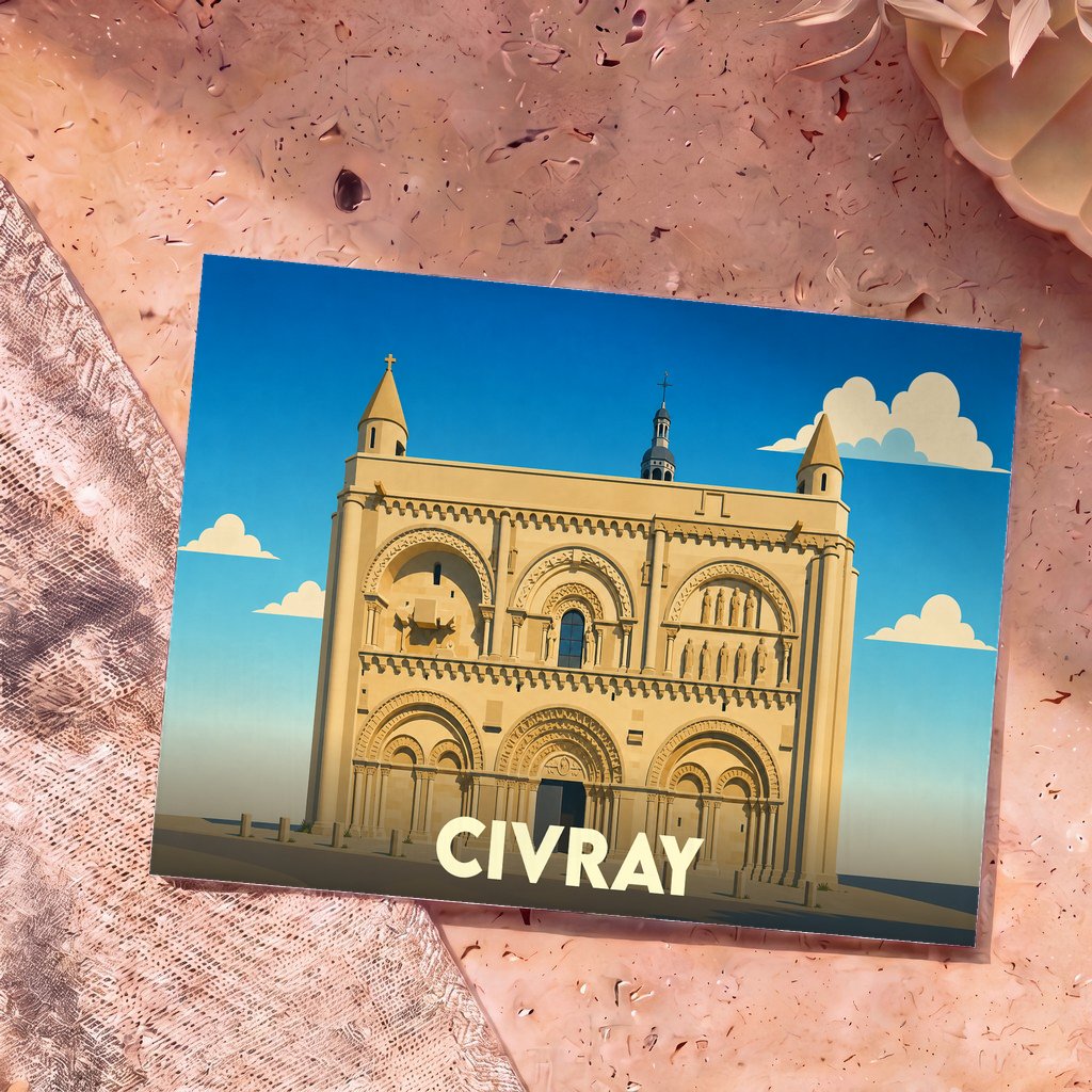 Carte postale souvenir de la ville de Civray illustrant son église romane dans un style graphique épuré.
