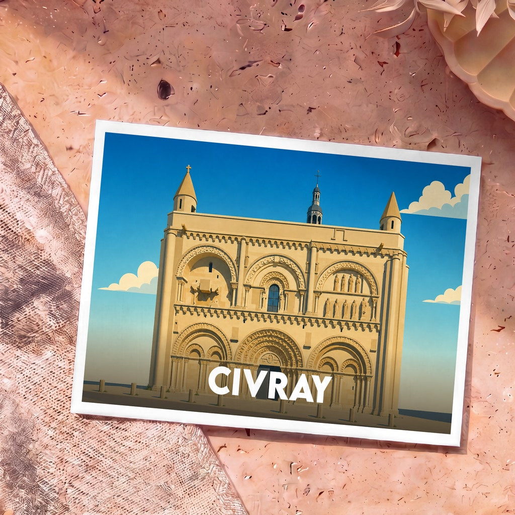 Carte postale souvenir de la ville de Civray illustrant son église romane dans un style graphique épuré.