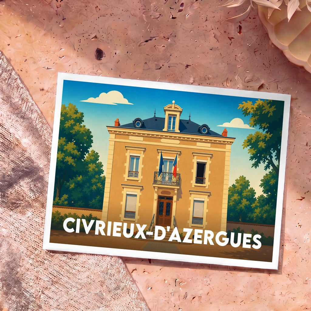 Carte postale souvenir de Civrieux-d'Azergues avec une illustration stylisée de sa mairie.