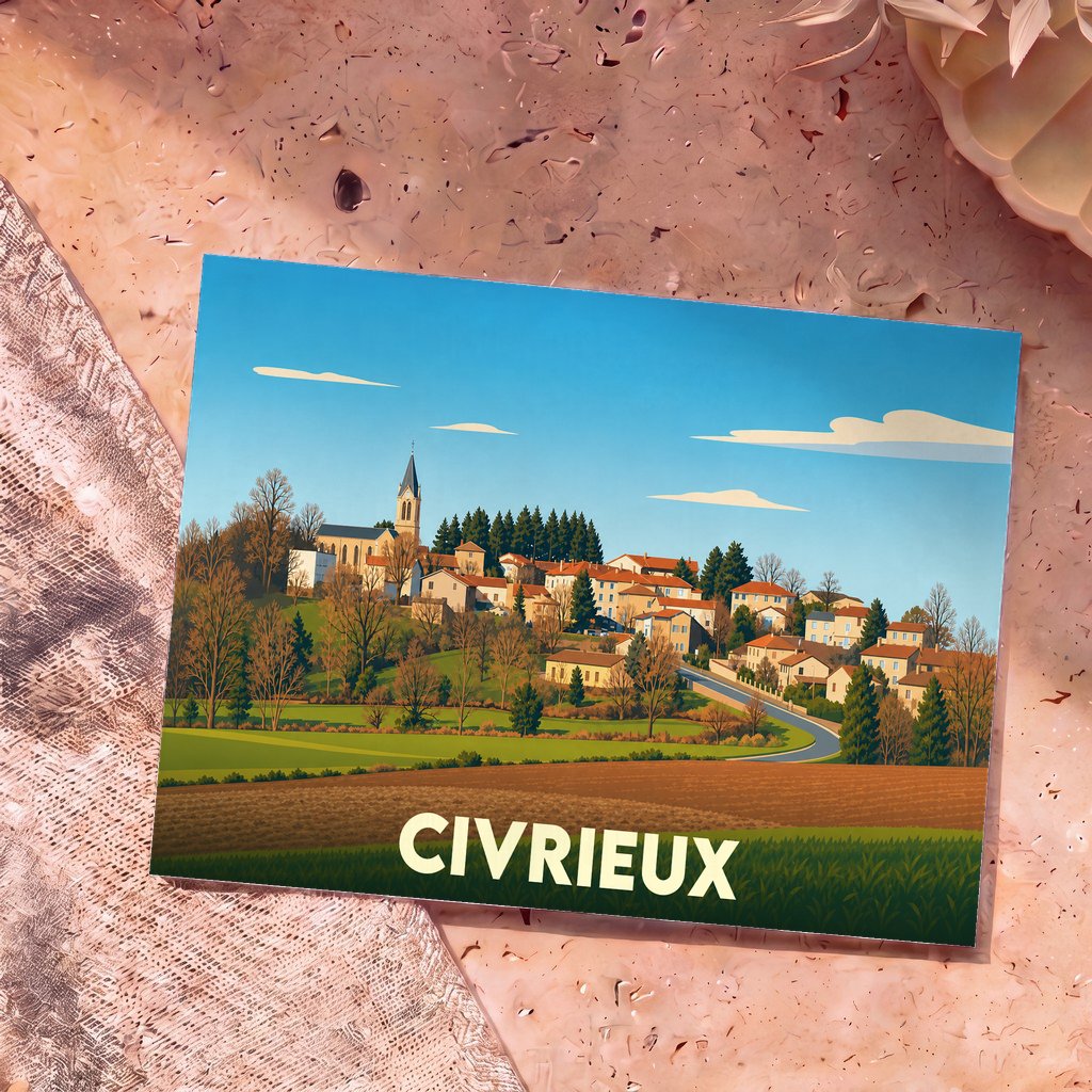 Carte postale souvenir de la ville de Civrieux avec une illustration stylisée d'un village vallonné.