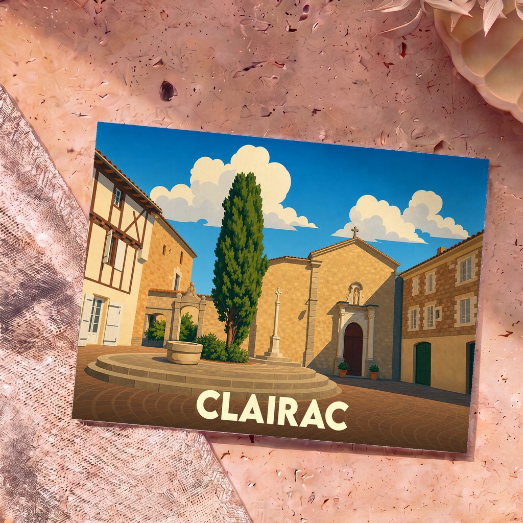Carte postale souvenir de la ville de Clairac avec une illustration stylisée de sa place centrale.