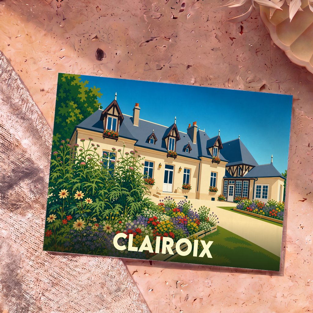 Carte postale souvenir de la ville de Clairoix avec une illustration stylisée d'une grande demeure fleurie.