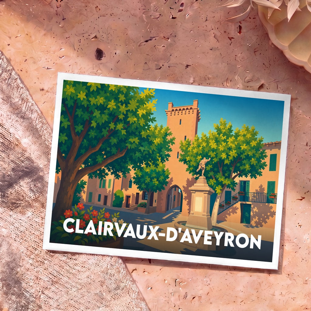 Carte postale souvenir de Clairvaux-d'Aveyron avec une illustration stylisée de sa tour médiévale et d'une place ombragée.