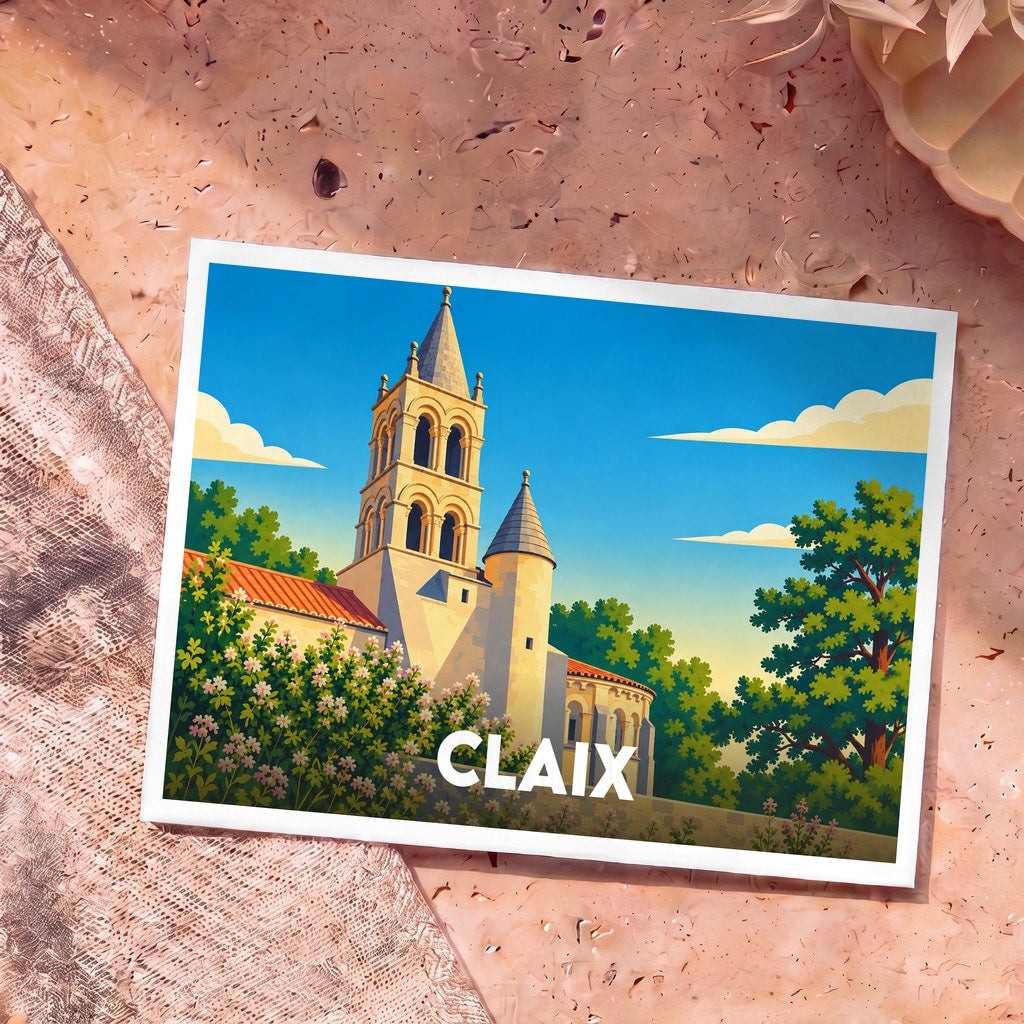 Carte postale souvenir de la ville de Claix avec une illustration stylisée de son église et de son clocher.
