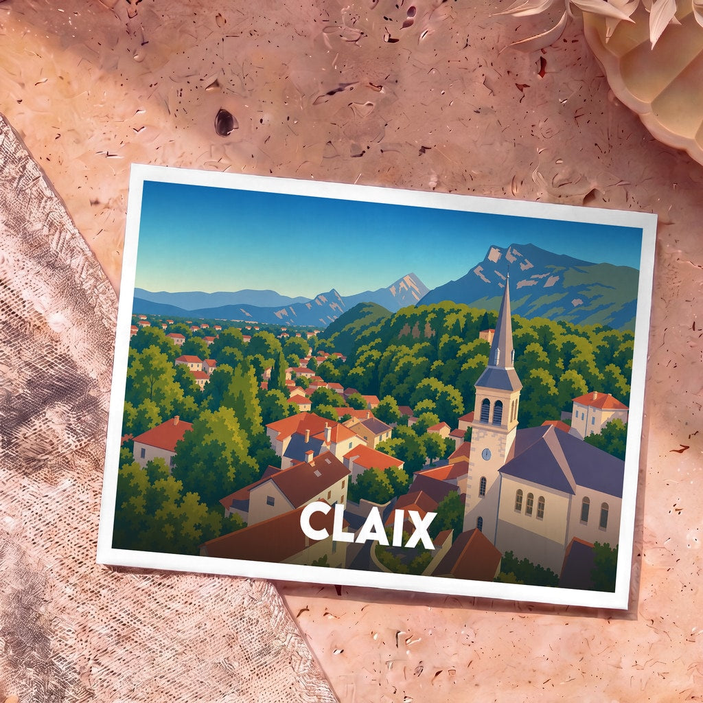 Carte postale souvenir de la ville de Claix présentant une illustration stylisée de son église et des montagnes environnantes.