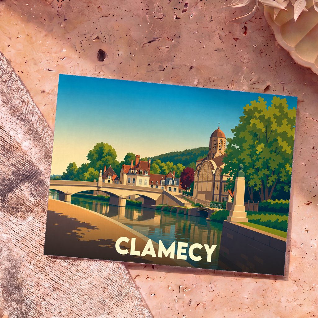 Carte postale souvenir de la ville de Clamecy avec une illustration stylisée de son pont et de son architecture en bord de rivière.
