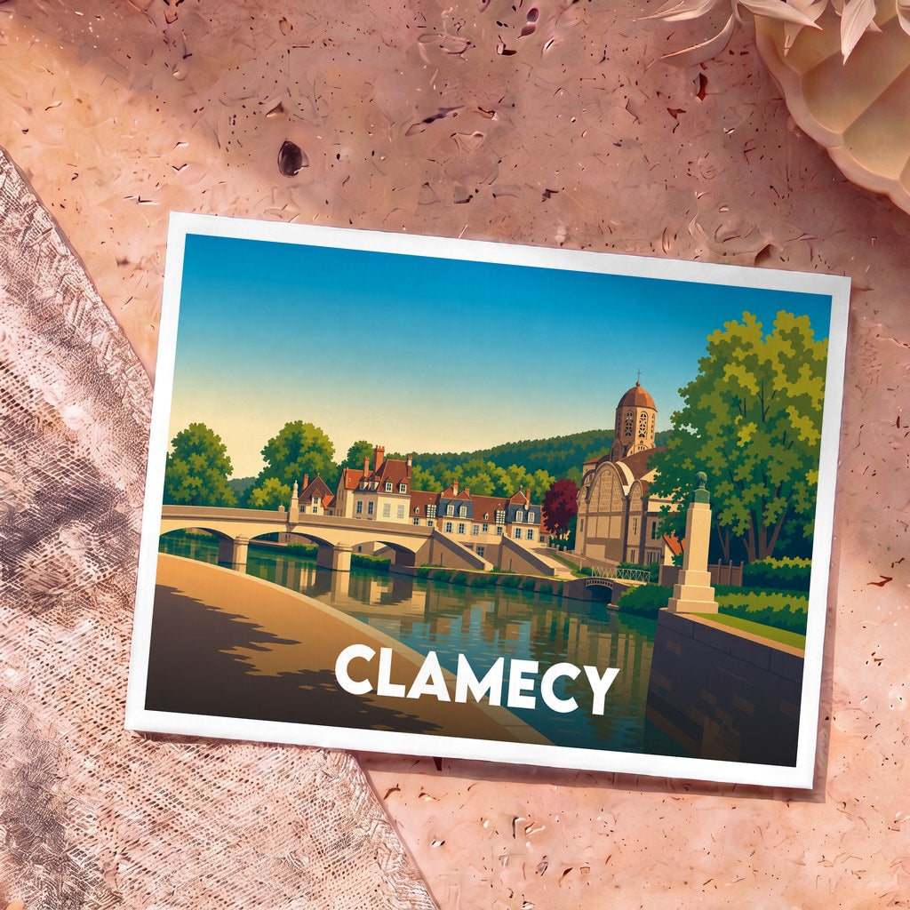 Carte postale souvenir de la ville de Clamecy avec une illustration stylisée de son pont et de son architecture en bord de rivière.