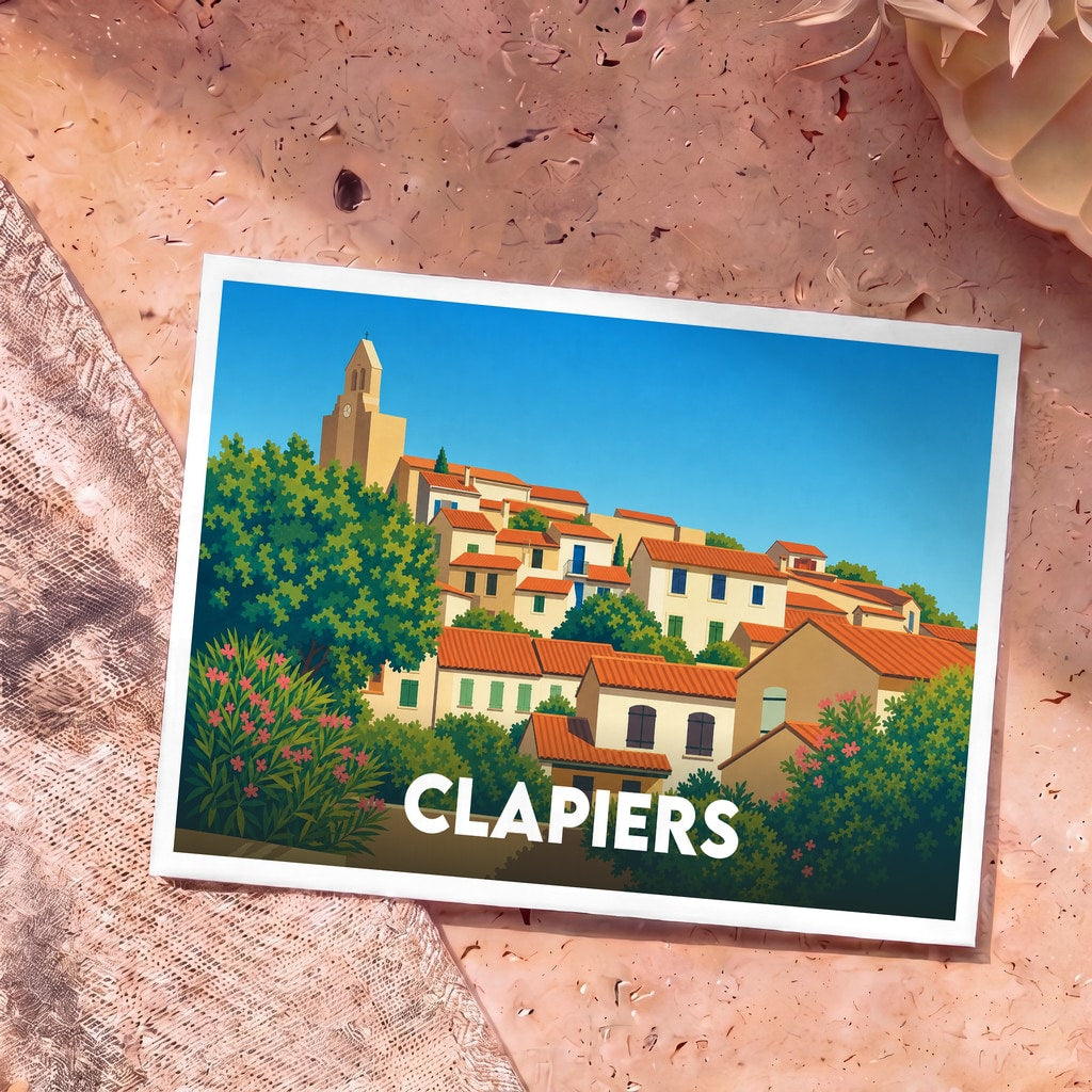 Carte postale souvenir de la ville de Clapiers avec une illustration stylisée de son village perché.