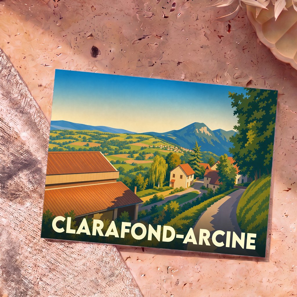 Carte postale souvenir de la ville de Clarafond-Arcine avec une illustration stylisée de son paysage montagneux.