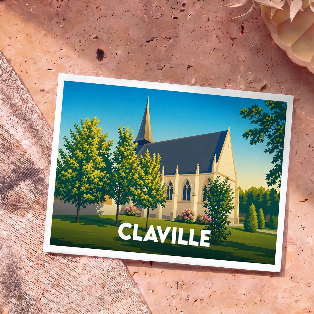 Carte postale souvenir de la ville de Claville avec une illustration stylisée d'une église entourée de verdure.