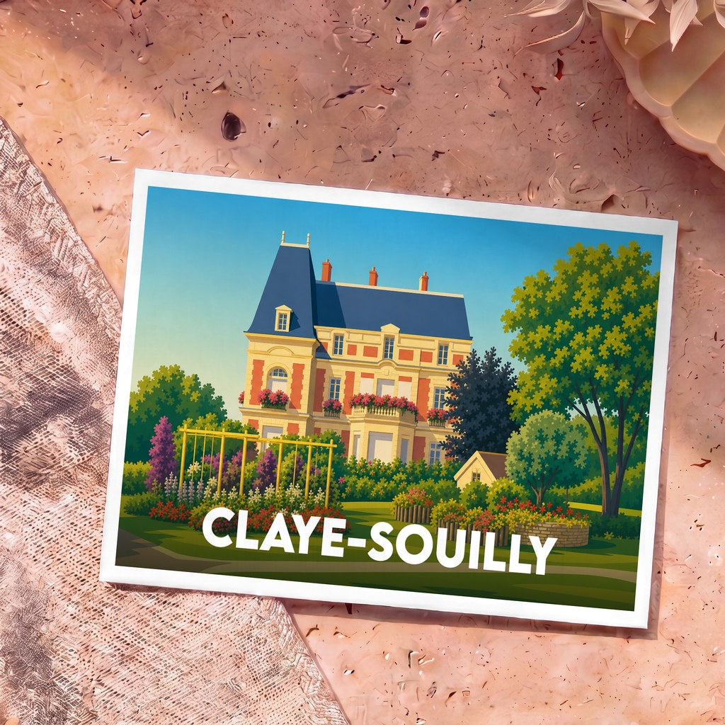 Carte postale souvenir de la ville de Claye-Souilly illustrant une élégante demeure bourgeoise et son jardin fleuri.