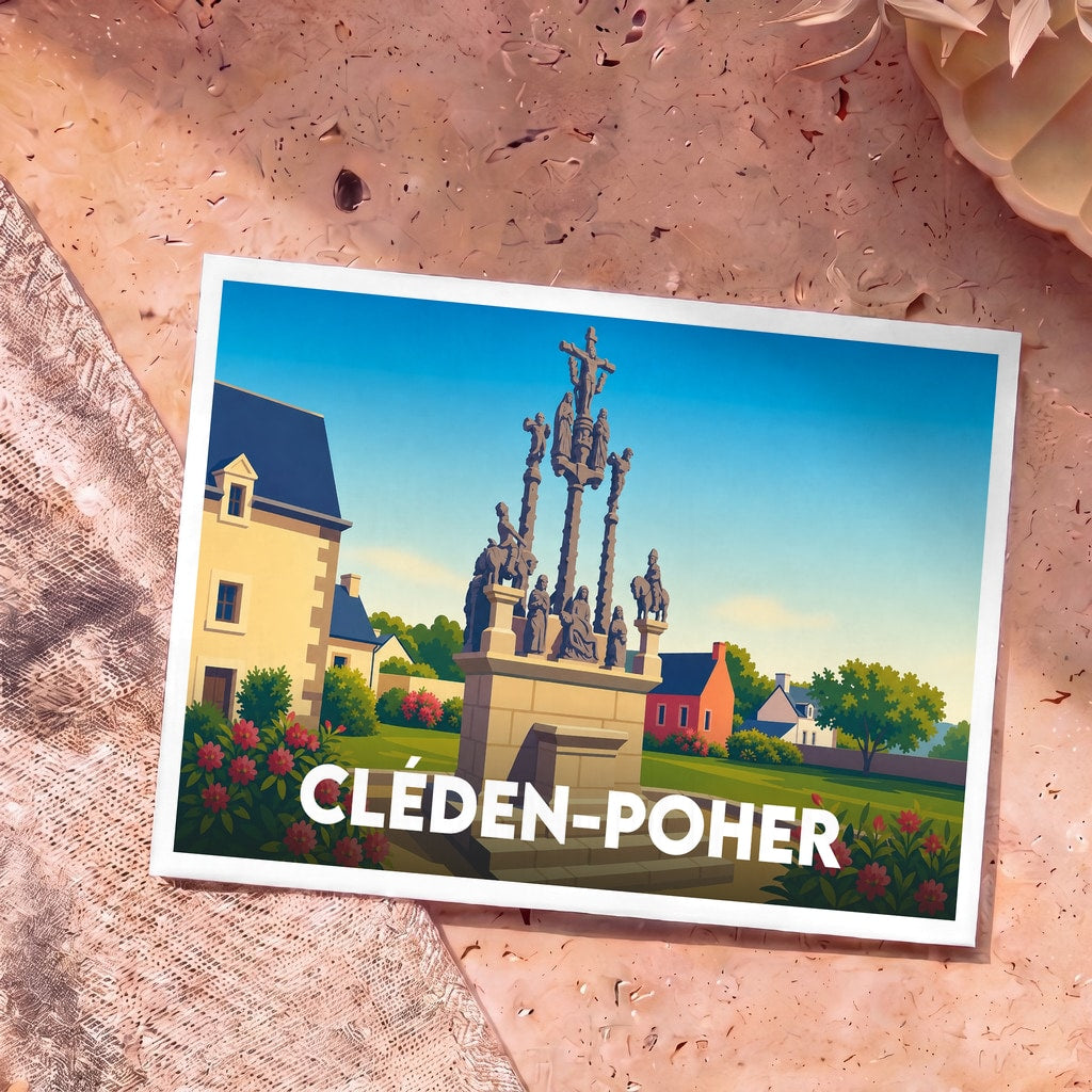 Carte postale souvenir de la ville de Cléden-Poher avec une illustration stylisée de son calvaire monumental.