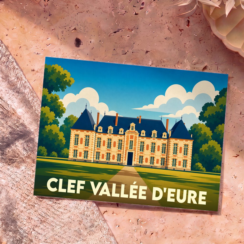 Carte postale souvenir de la commune de Clef Vallée d'Eure illustrant un château stylisé dans un parc verdoyant.