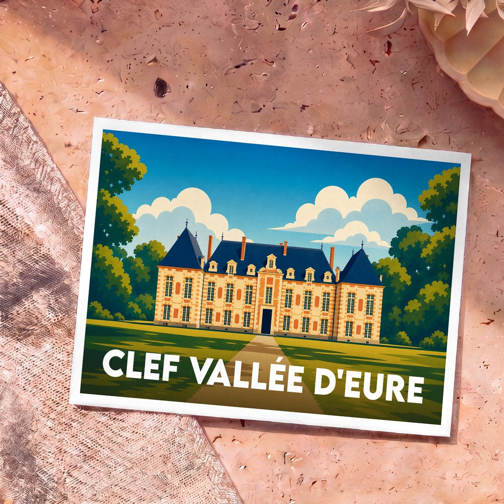 Carte postale souvenir de la commune de Clef Vallée d'Eure illustrant un château stylisé dans un parc verdoyant.