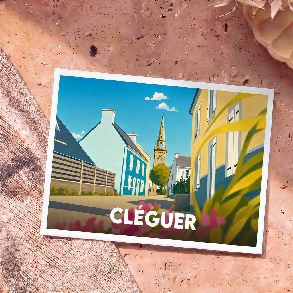 Carte postale souvenir de la ville de Cléguer avec une illustration stylisée de ses rues et de son église.
