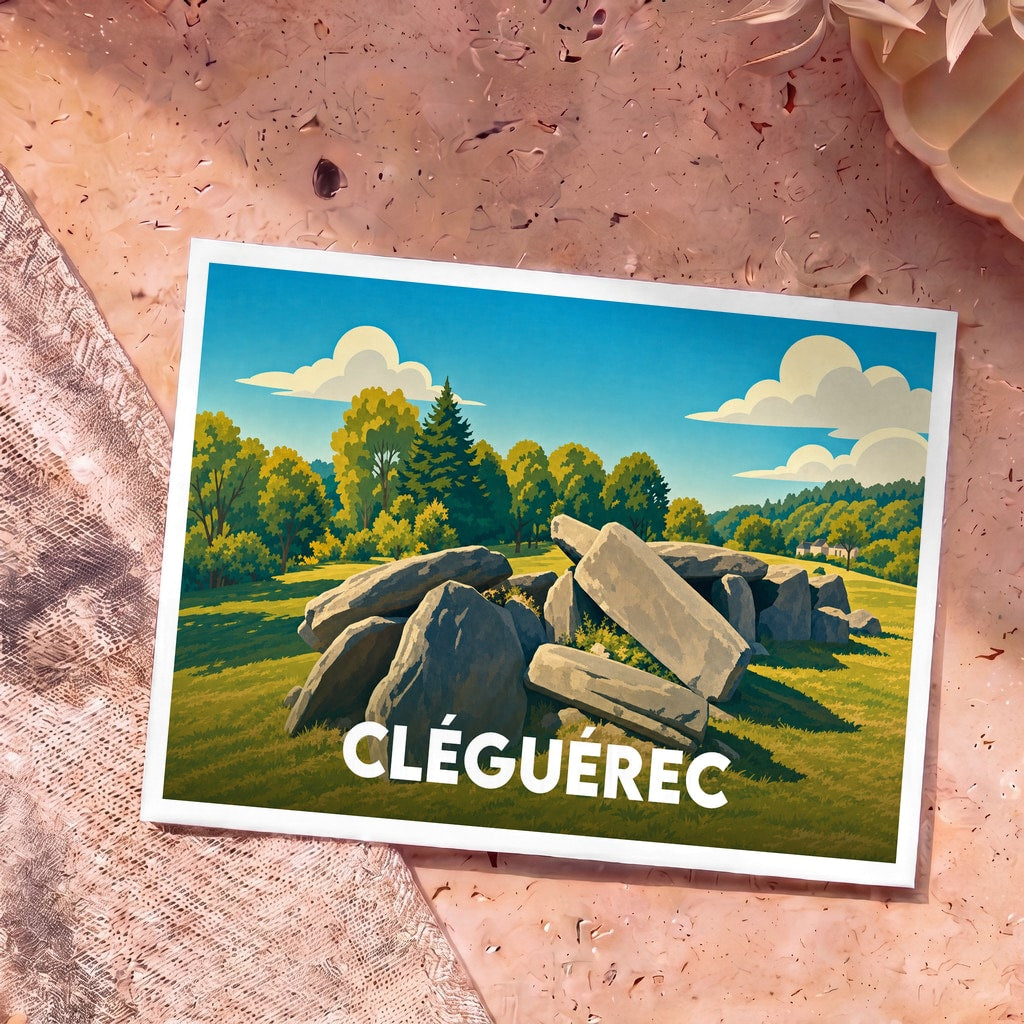 Carte postale souvenir de la ville de Cléguérec illustrant un site mégalithique dans un paysage verdoyant stylisé.