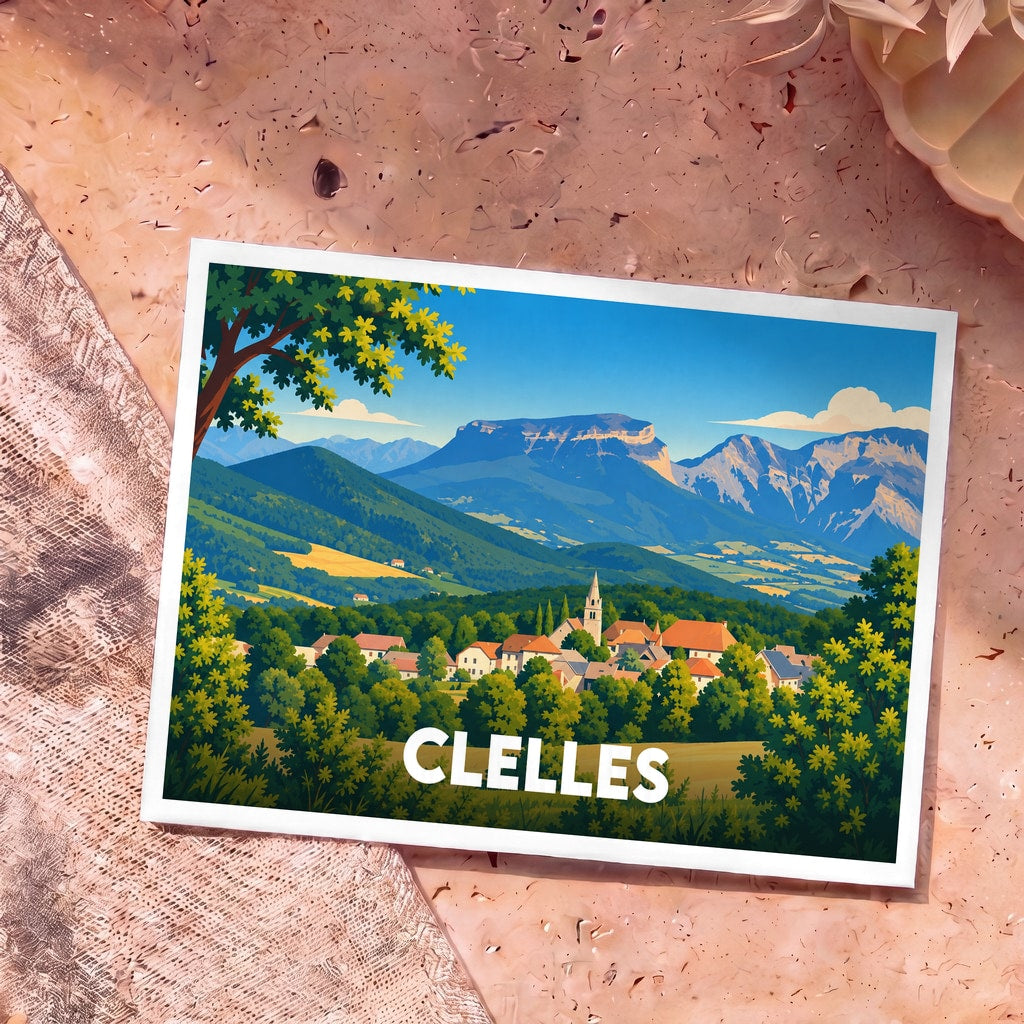 Carte postale souvenir de la ville de Clelles illustrant un paysage de montagne stylisé.