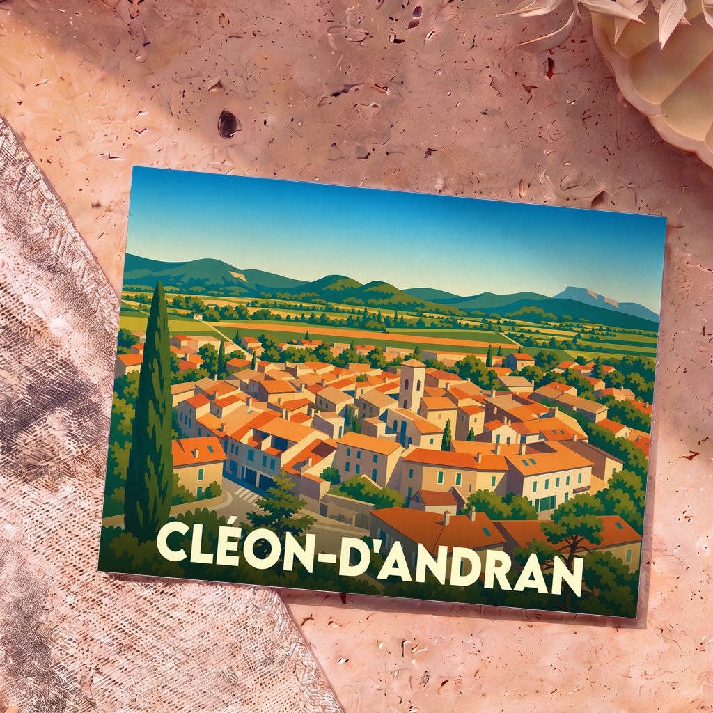 Carte postale souvenir de la ville de Cléon-d'Andran illustrant un panorama coloré du village provençal au pied des montagnes.