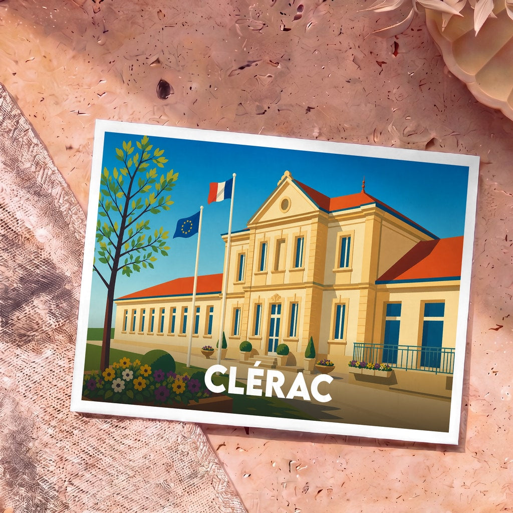 Carte postale souvenir de la ville de Clérac avec une illustration stylisée de sa mairie.